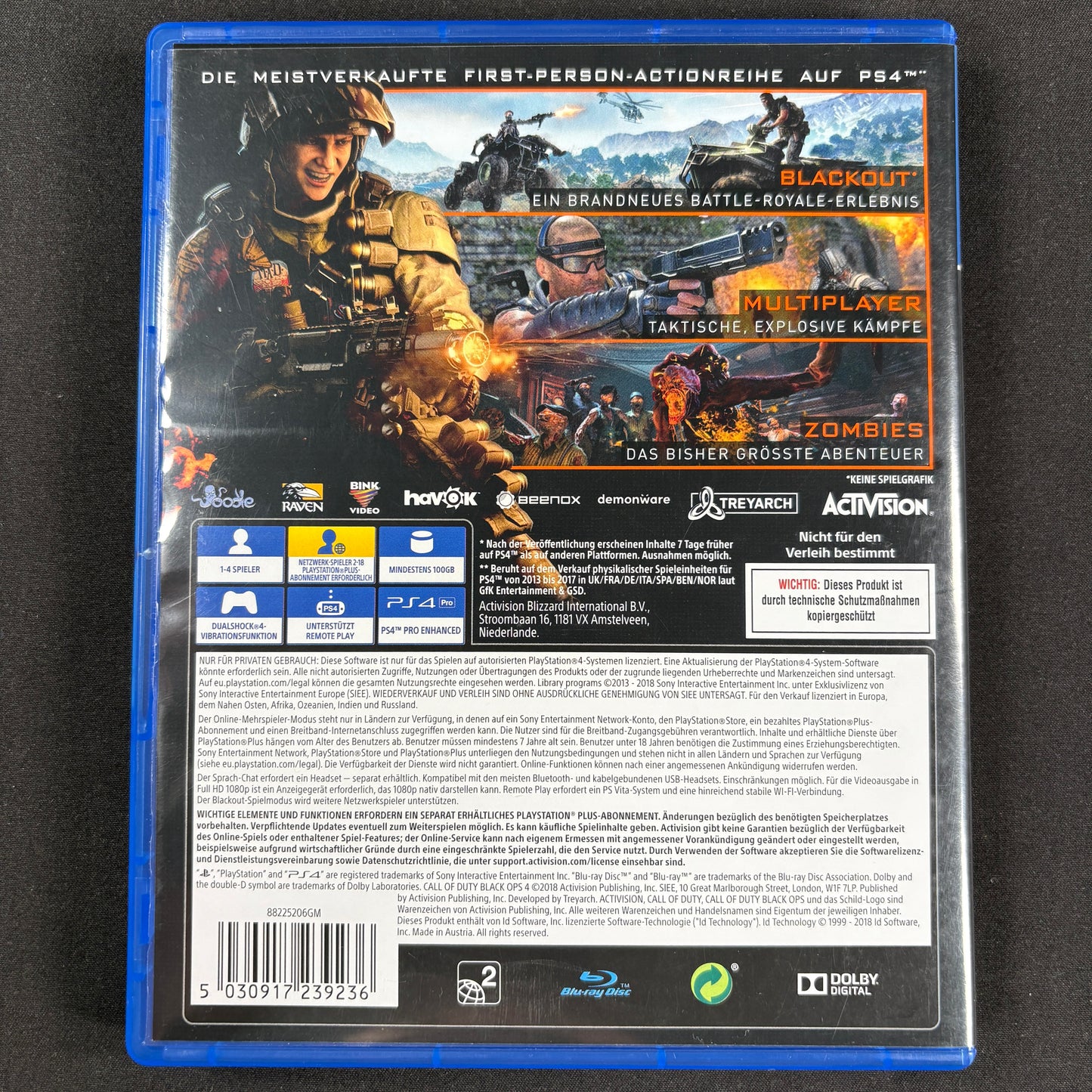 Call of Duty Black Ops 4 PS4 PAL deutsche Ausgabe Rückseite mit Spielinformationen