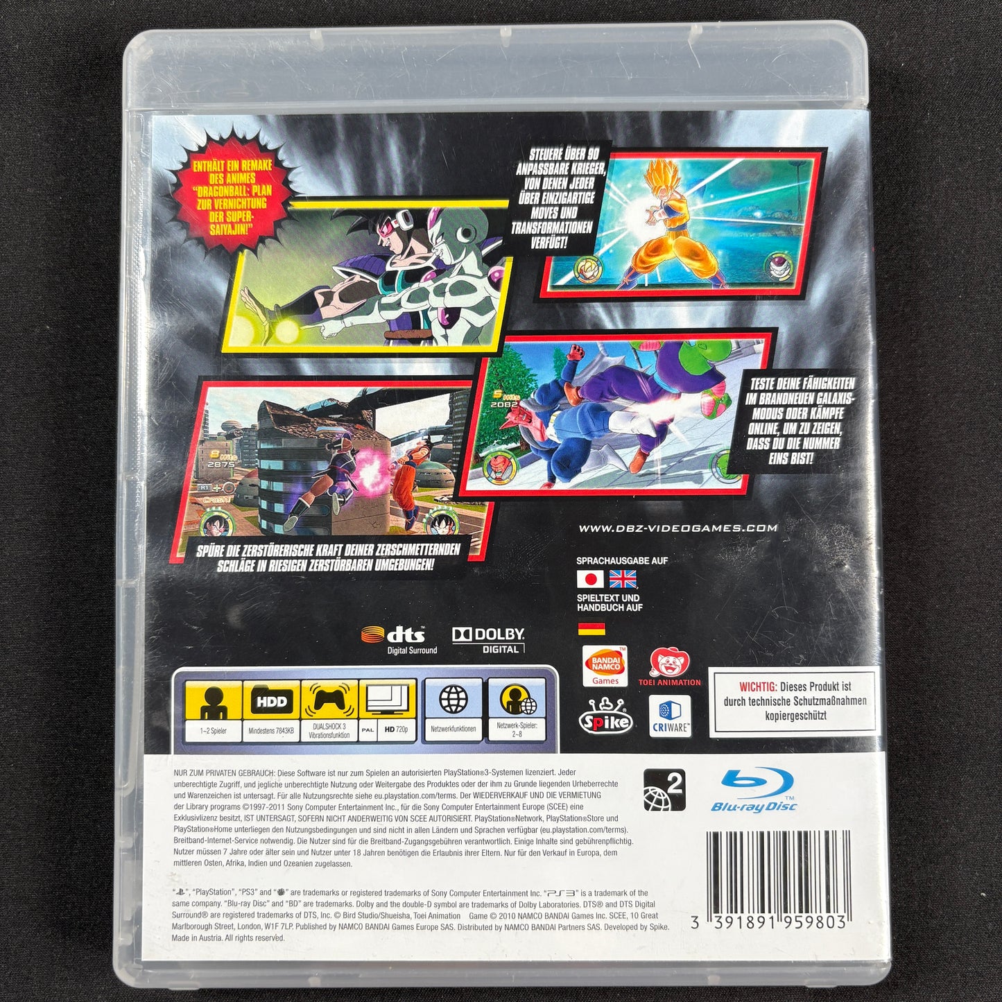 Dragon Ball Raging Blast 2 PS3 PAL Rückseite mit deutschen Spielinformationen