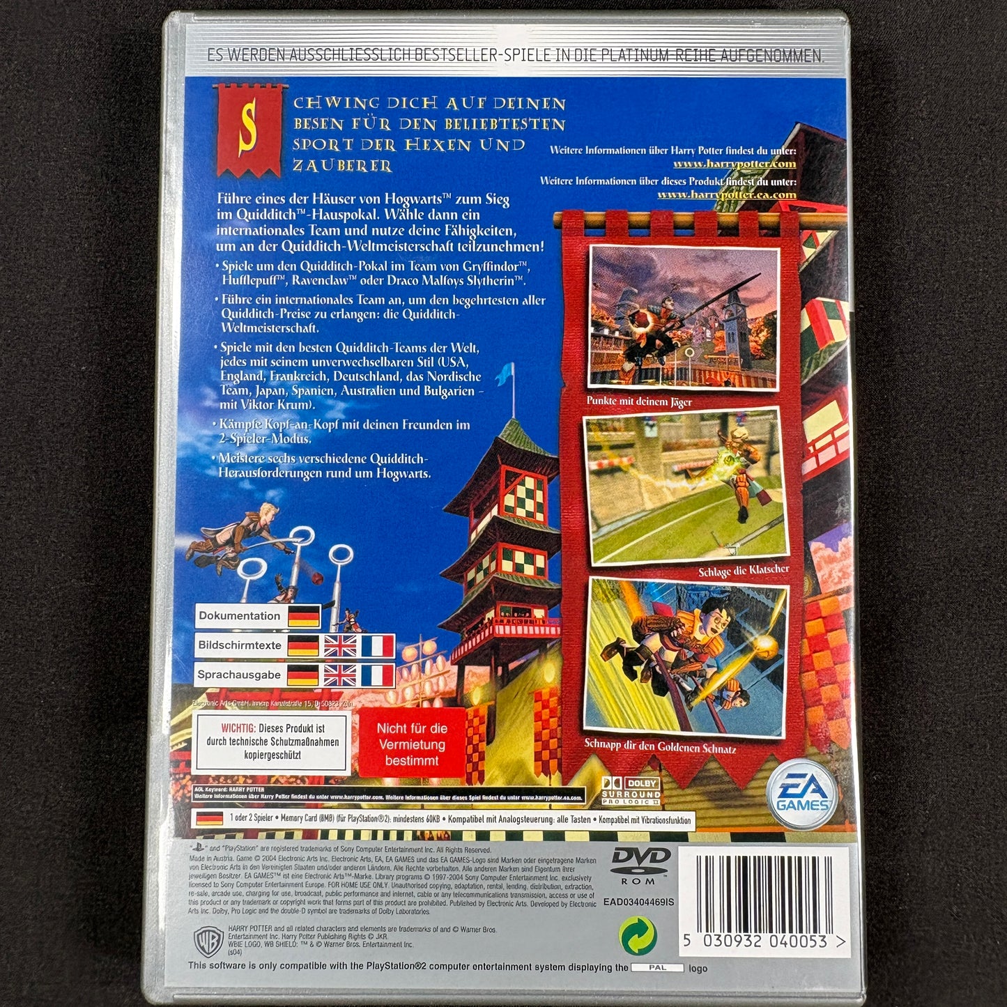 Harry Potter Quidditch-Weltmeisterschaft PS2 Platinum PAL Rückseite mit Spielinformationen