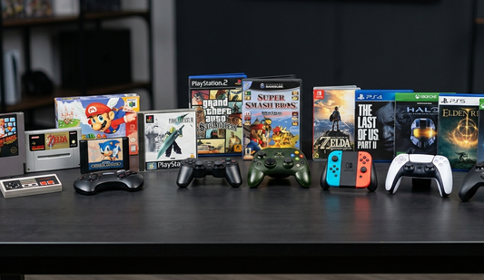 Videospiele und Controller verschiedener Generationen von Nintendo PlayStation und Xbox