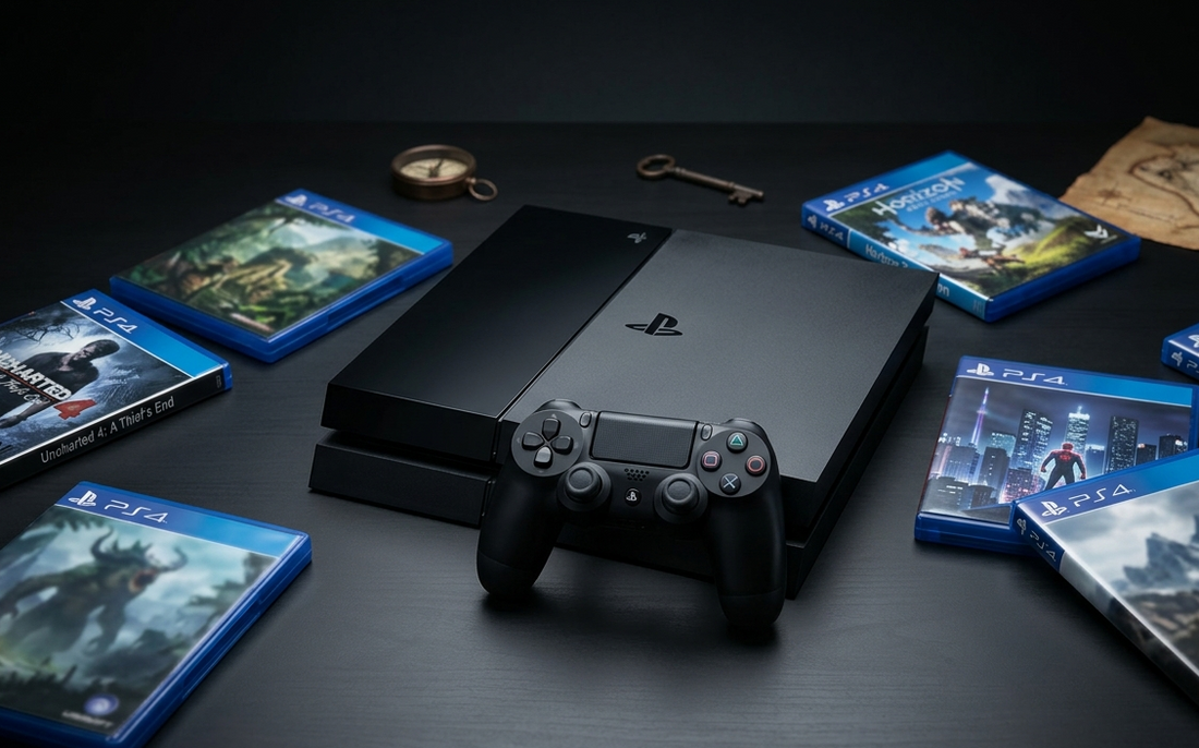 PlayStation 4 mit Controller und ausgewählten PS4-Abenteuerspielen