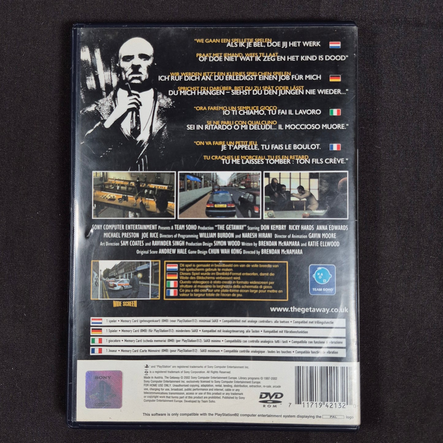 The Getaway PS2 PAL / Europa mit Hülle, Disc und Anleitung – Rückseite