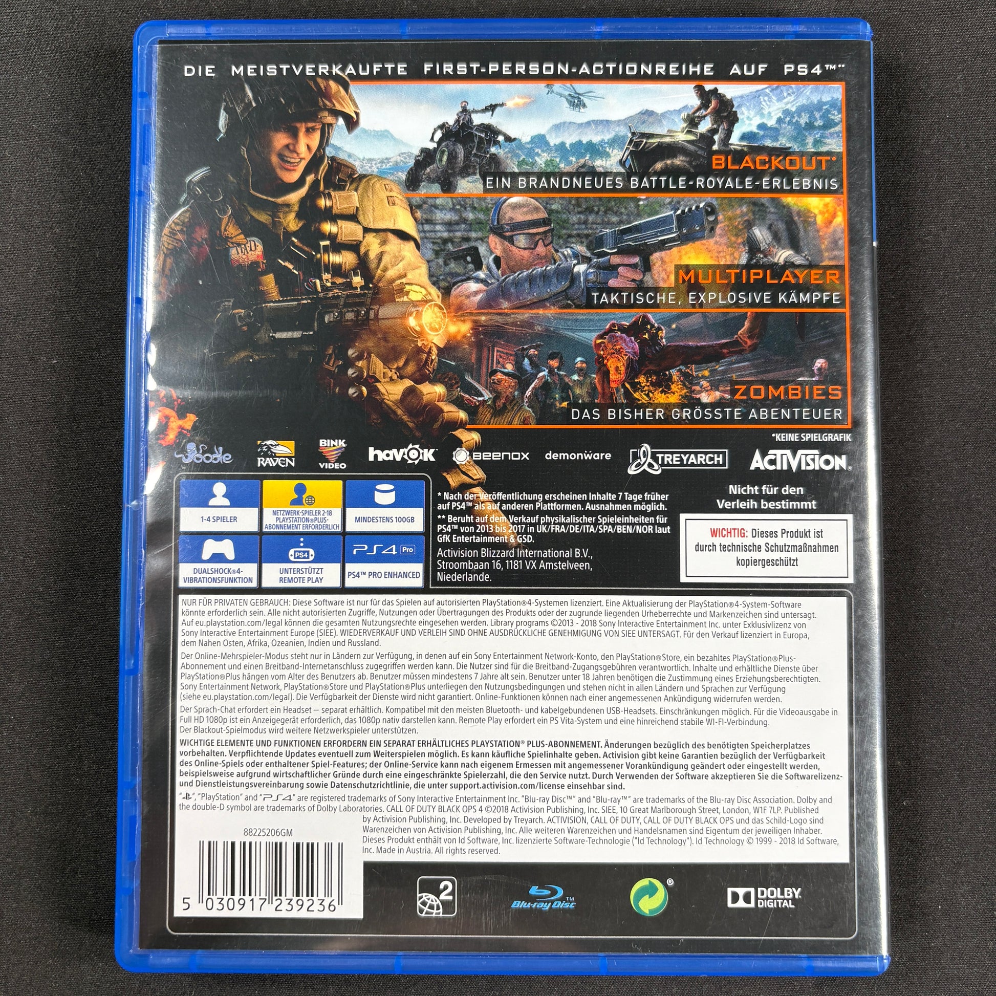 Call of Duty Black Ops 4 PS4 PAL deutsche Ausgabe Rückseite mit Spielinformationen