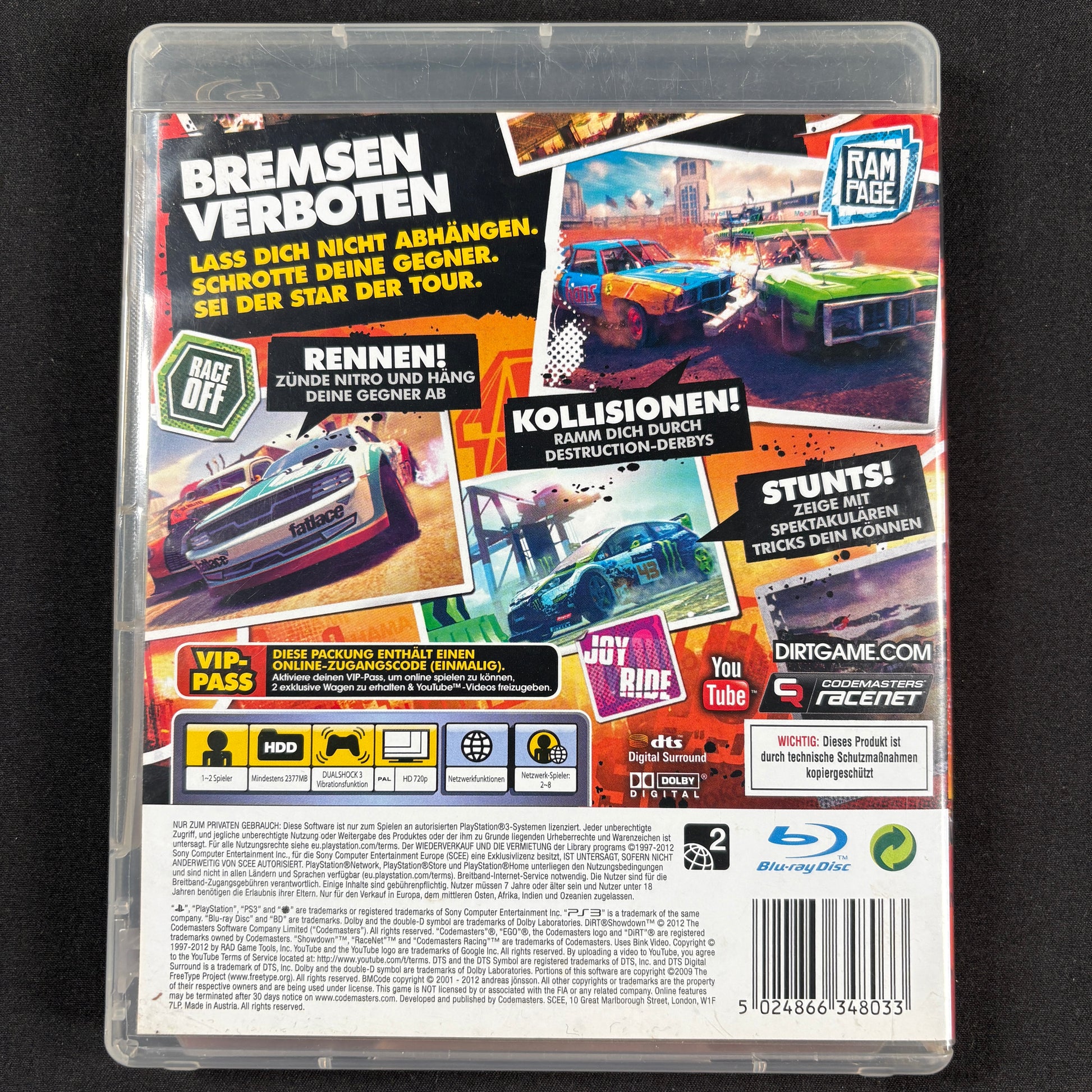 DiRT Showdown PS3 PAL Rückseite mit Rennen Stunts und Demolition Derby