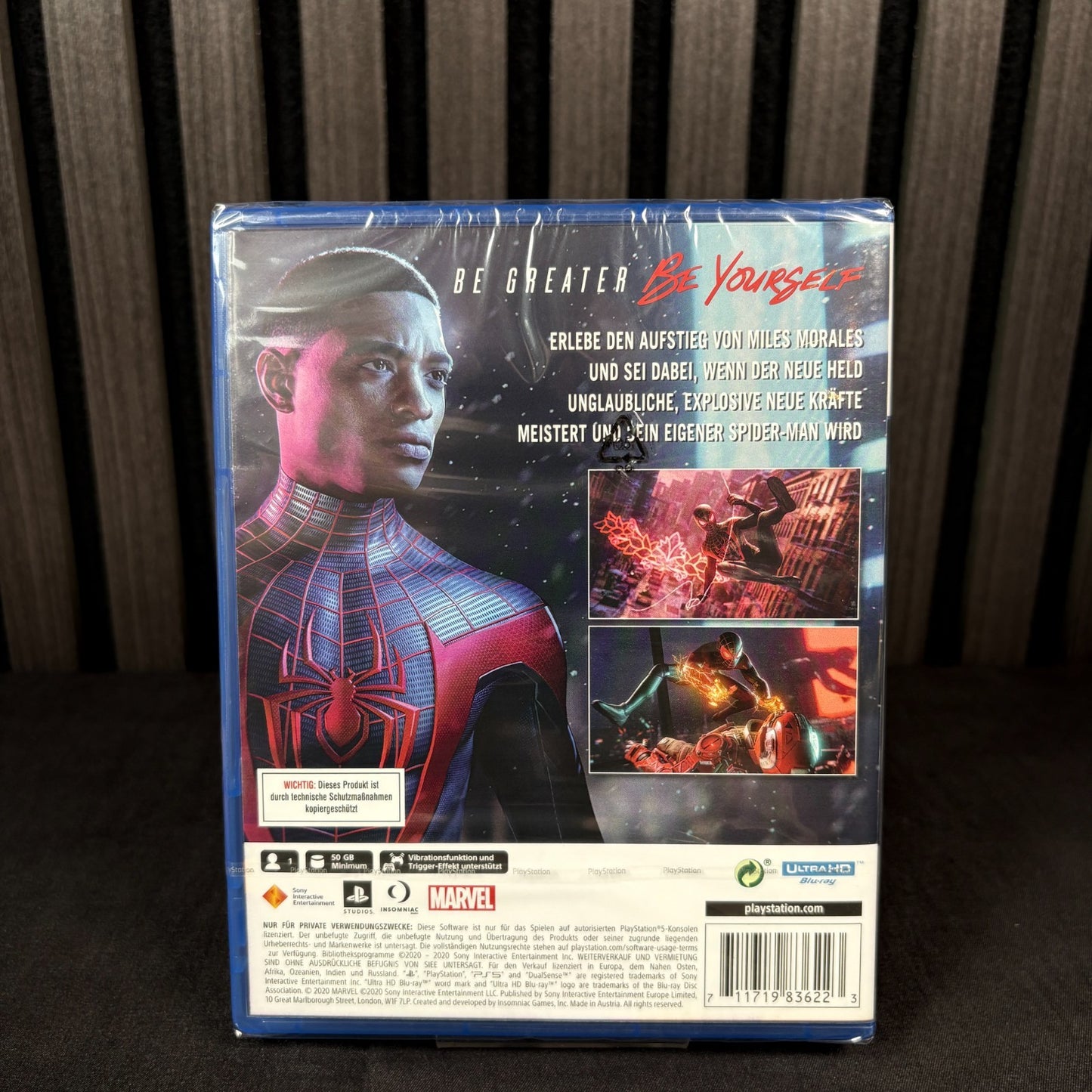 Marvel's Spider-Man Miles Morales PS5 Hülle Rückseite Detailaufnahme Neu versiegelt