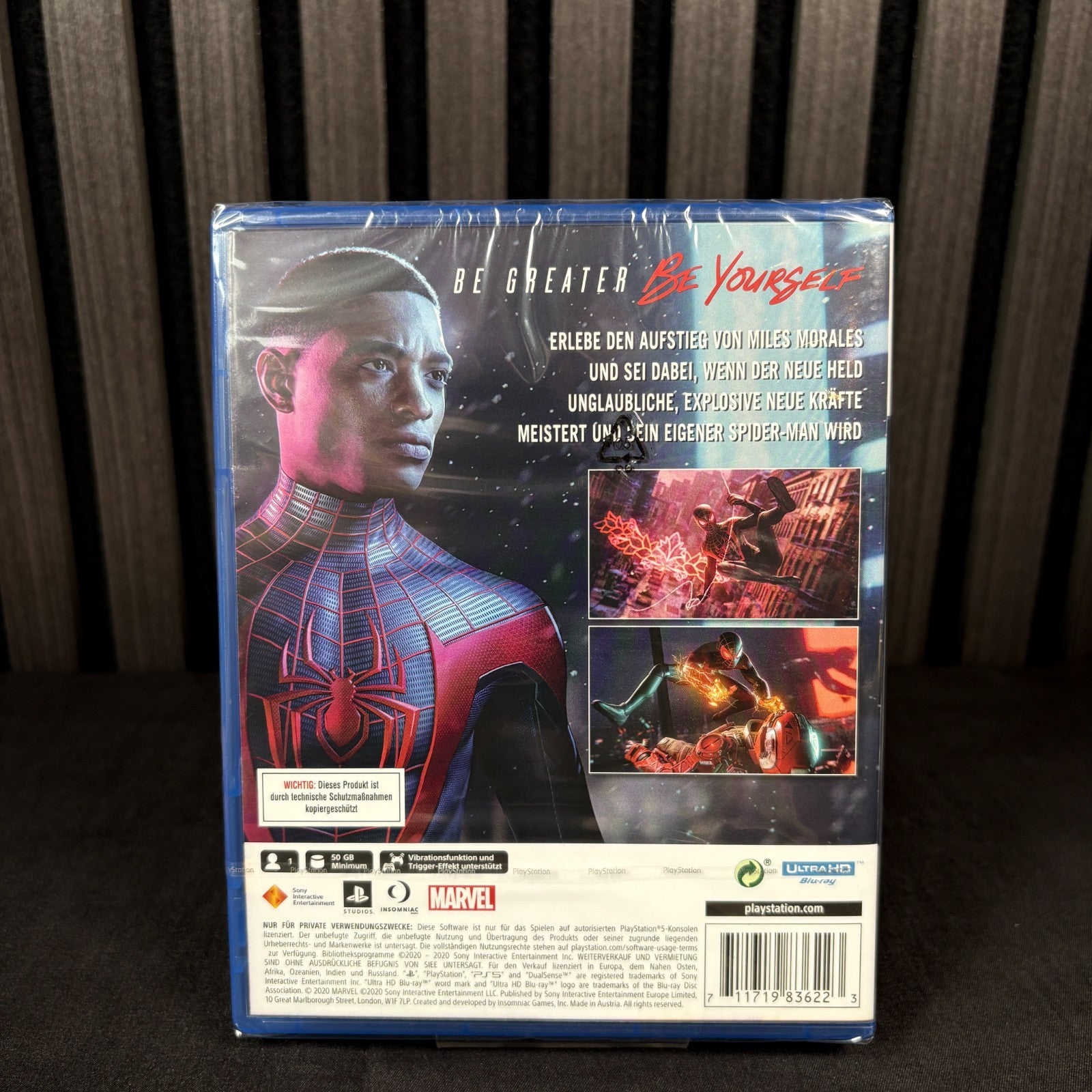 Marvel's Spider-Man Miles Morales PS5 Hülle Rückseite Detailaufnahme Neu versiegelt